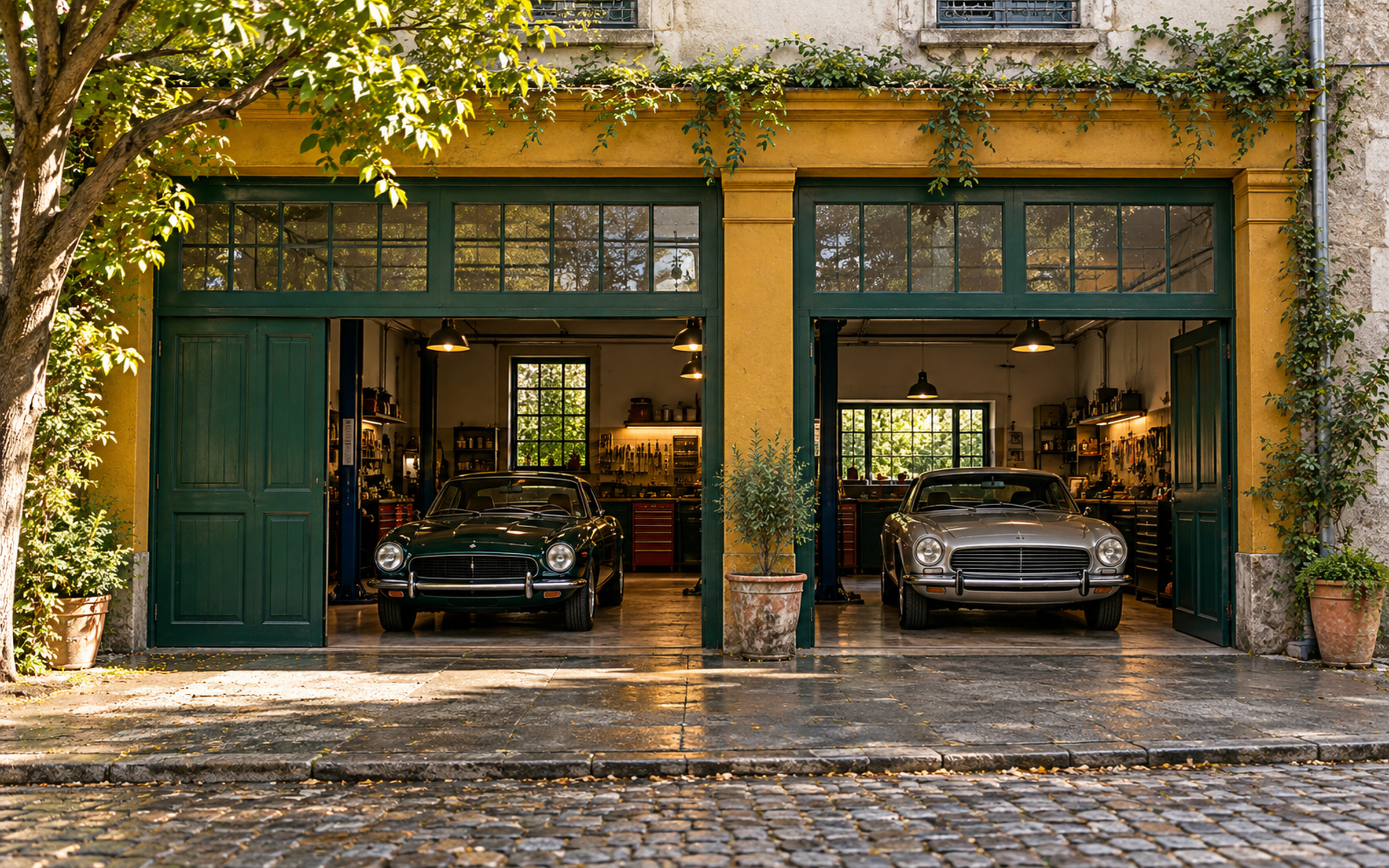 façade d'un petit garage aux portes vertes et liseré moutarde