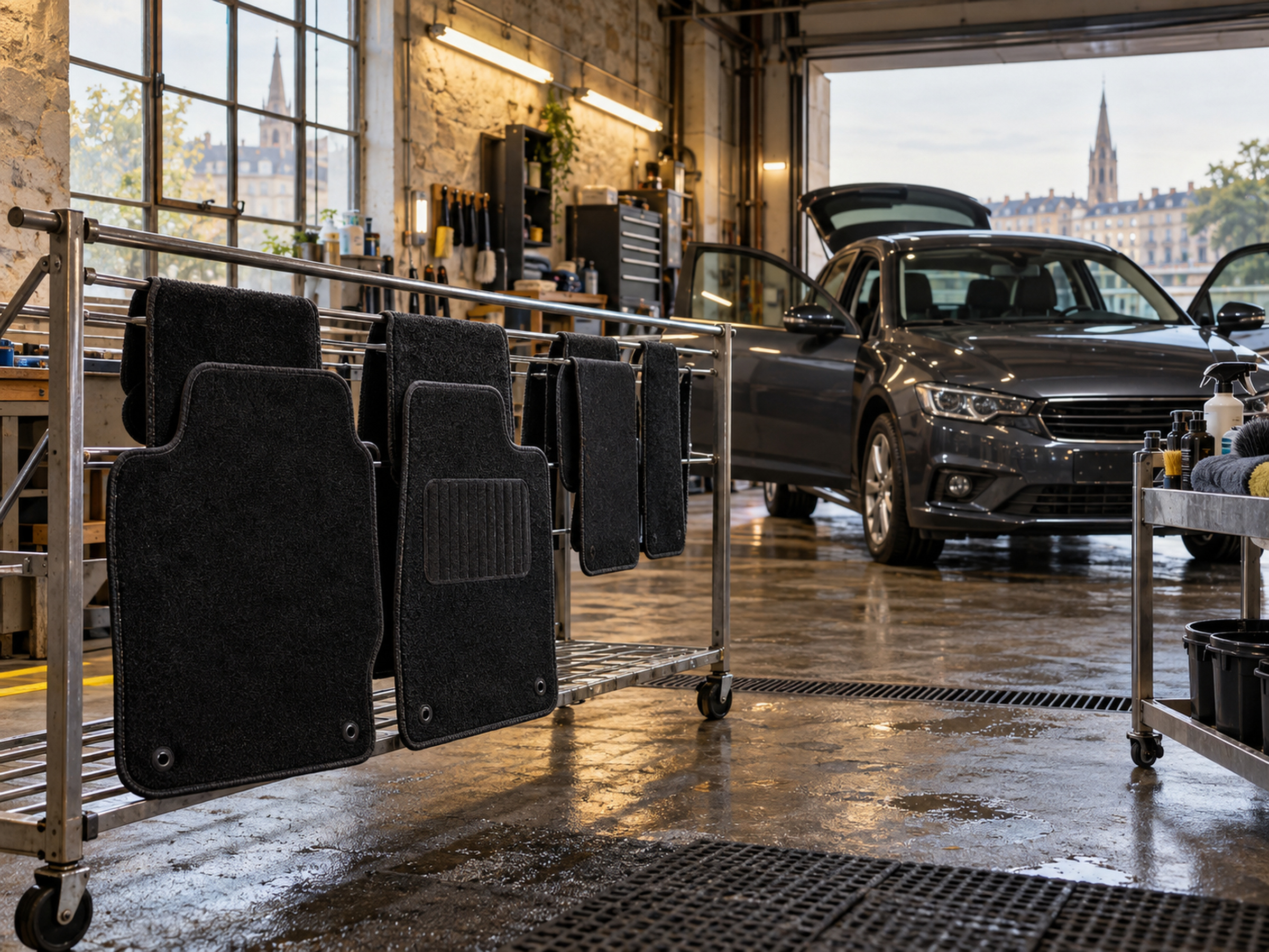 poste intérieur d'un petit garage, tapis de sol qui sèchent sur un portant